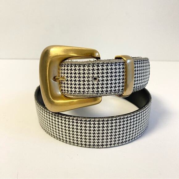 Vintage Houndstooth Belt Leather Gold Buckle Mini Print Statement Womens Medium - Picture 10 of 10